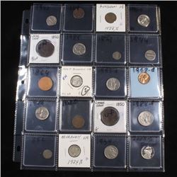Page of 20 Mixed coins Mercury 10c, Braided Hair 1c, Washington 25c, Roosevelt 10c, Buffalo 5, Jeffe