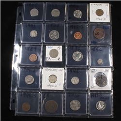 Page of 20 Mixed coins Mercury 10c, Braided Hair 1c, Washington 25c, Jefferson 5c, Indian 1c, Libert