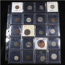 Page of 20 Mixed coins Mercury 10c, Braided Hair 1c, Washington 25c, Jefferson 5c, Indian 1c, Libert