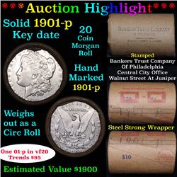 ***Auction Highlight*** Full solid Key date 1901-p Morgan silver dollar roll, 20 coins (fc)