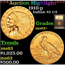 ***Auction Highlight*** 1910-p Gold Indian Quarter Eagle $2 1/2 Graded Select Unc By USCG (fc)