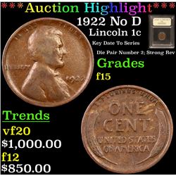 ***Auction Highlight*** 1922 No D Lincoln Cent 1c Graded f+ By USCG (fc)