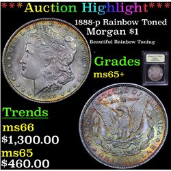 ***Auction Highlight*** 1888-p Rainbow Toned Morgan Dollar $1 Graded GEM+ Unc By USCG (fc)