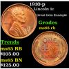 Image 1 : 1910-p Lincoln Cent 1c Grades GEM Unc RB