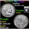 Image 1 : ***Auction Highlight*** 1908-p Barber Half Dollars 50c Graded Select+ Unc By USCG (fc)