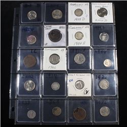 Page of 20 Mixed coins Barber 10c, Braided Hair 1c, Washington 25c, Mercury 10c, Indian 1c, Jefferso