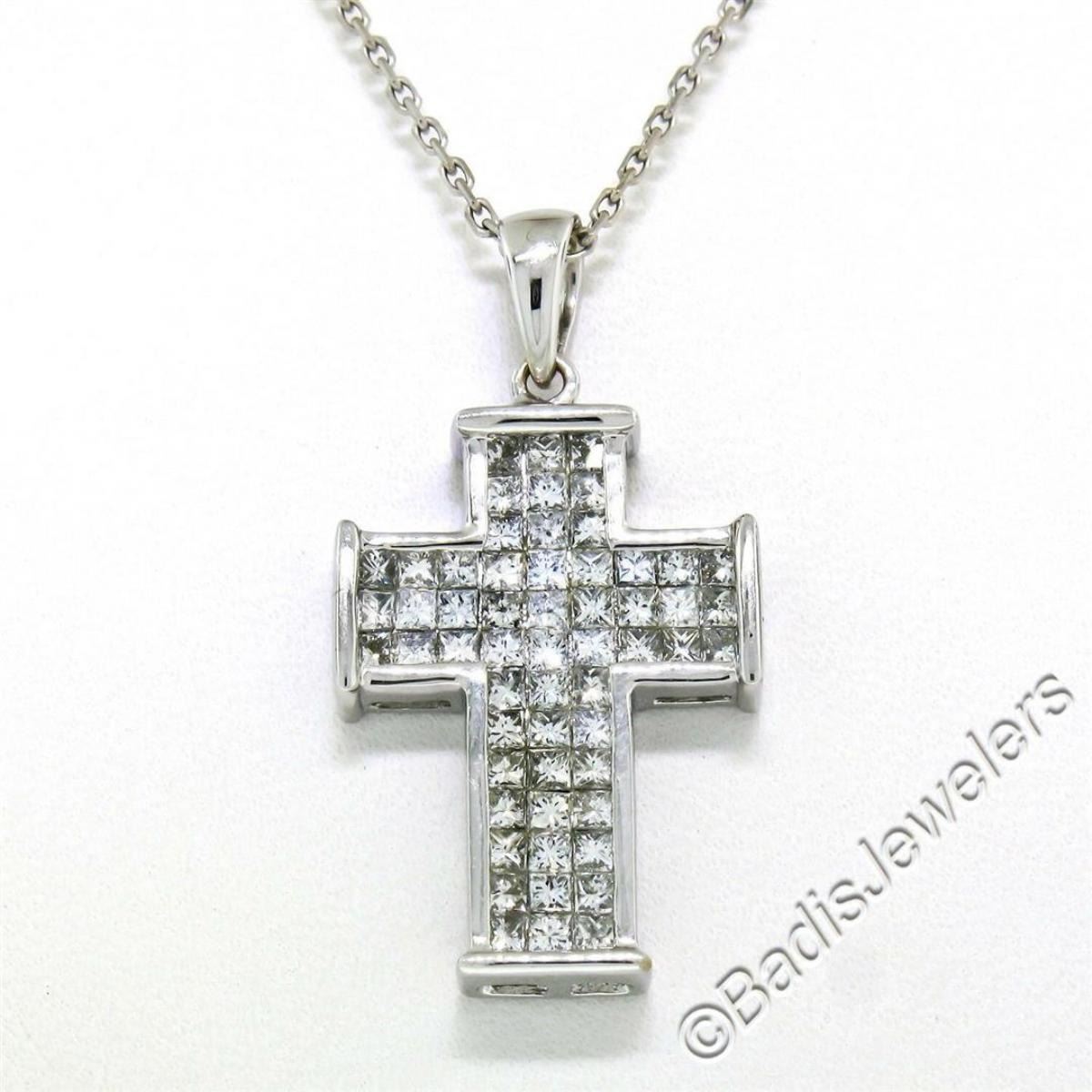 18kt White Gold 1.31 ctw Invisible Set Princess Cut Diamond Cross ...