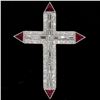 Image 1 : Platinum 1.56 ctw Round Baguette Diamond & Trillion Ruby Cross Pendant Pin Brooc