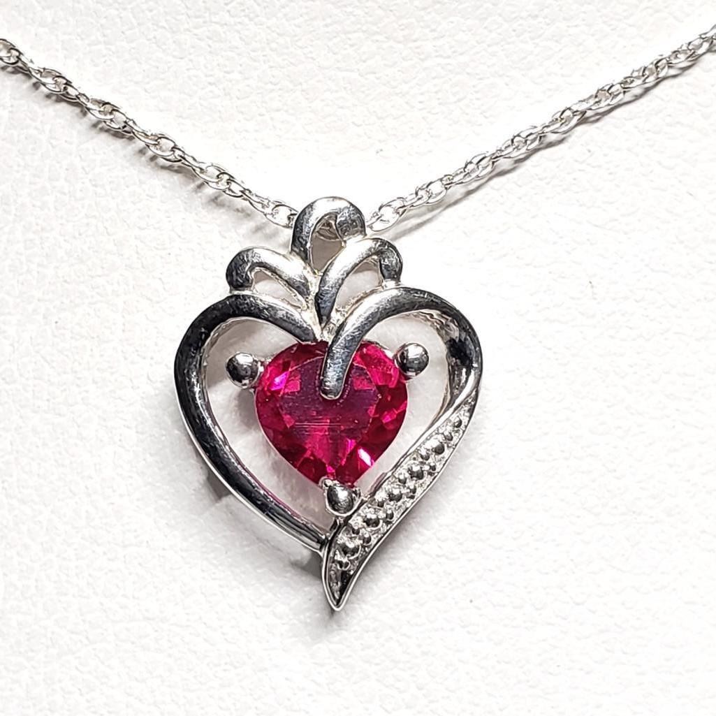 Silver Created Ruby Heart Shaped Pendant With Chain Necklace (~length