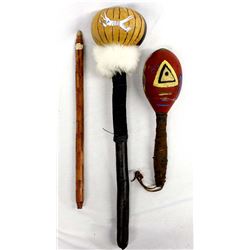 2 Native American Rattles & Carved Wood Pipe Stem
