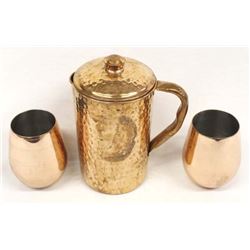 Hand Hammered Copper Pitcher & 2 Copper Tumblers