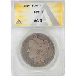 1894 $1 Morgan Silver Dollar Coin ANACS AG3