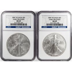 Lot of (2) 2007-W $1 American Silver Eagle Coins NGC MS69 Early Releases