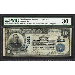 1902DB $10 First NB of Washington, Kansas CH# 2912 National Note PMG Very Fine 30