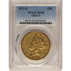 1873-S Open 3 $20 Liberty Head Double Eagle Gold Coin PCGS XF45