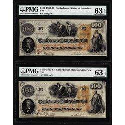 (2) Consecutive 1862 $100 Confederate States of America Notes PMG Ch. Uncirculated 63EPQ