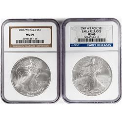 Lot of 2006-W & 2007-W $1 American Silver Eagle Coins NGC MS69