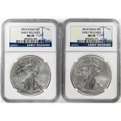 Lot of (2) 2014 $1 American Silver Eagle Coins NGC MS70 Early Releases