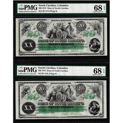 Lot of (2) Consec. 1872 $20 South Carolina Obsolete Notes PMG Superb Gem Unc. 68EPQ