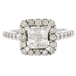 14k White Gold 1.25 ctw Invisible Princess & Round Diamond Halo Engagement Ring