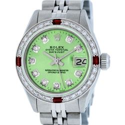 Rolex Ladies Stainless Steel Green Diamond & Ruby Datejust Wristwatch