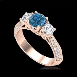 1.81 ctw Intense Blue Diamond Art Deco 3 Stone Ring 18K Rose Gold