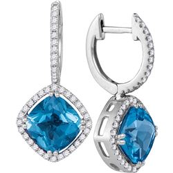 14kt White Gold Cushion Natural Blue Topaz Diamond Dangle Earrings 5-1/2 Cttw