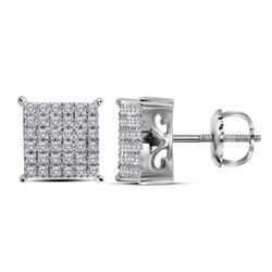 10kt White Gold Round Diamond Square Cluster Screwback Earrings 1/2 Cttw