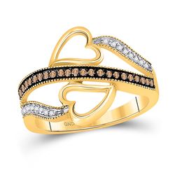 10kt Yellow Gold Round Brown Diamond Heart Crossover Ring 1/5 Cttw