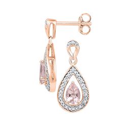 10kt Rose Gold Pear Lab-Created Morganite Diamond Dangle Earrings 1/2 Cttw
