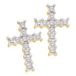 10kt Yellow Gold Round Diamond Roman Cross Religious Stud Earrings 1/10 Cttw
