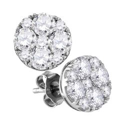 10kt White Gold Round Diamond Cluster Screwback Earrings 2 Cttw