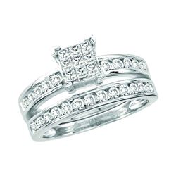 14kt White Gold Princess Diamond Cluster Bridal Wedding Engagement Ring Band Set 1.00 Cttw