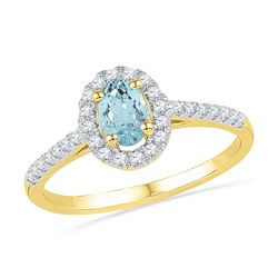 10kt Yellow Gold Oval Lab-Created Aquamarine Solitaire Diamond Ring 1/5 Cttw