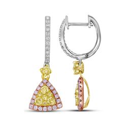 14kt White Gold Round Yellow Pink Diamond Triangle Dangle Earrings 1.00 Cttw