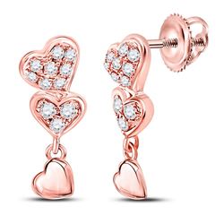 14kt Rose Gold Round Diamond Triple Heart Dangle Earrings 1/6 Cttw
