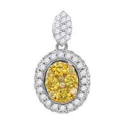 14kt White Gold Round Canary Yellow Diamond Oval Cluster Pendant 1.00 Cttw