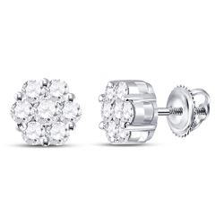 14kt White Gold Round Diamond Flower Cluster Earrings 1.00 Cttw