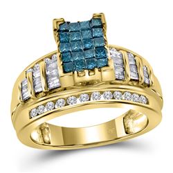 14kt Yellow Gold Princess Blue Color Enhanced Diamond Cluster Bridal Wedding Engagement Ring 1.00 Ct