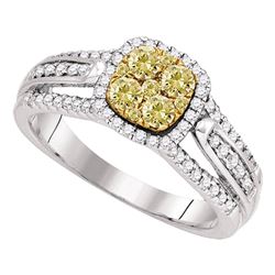 14kt White Gold Round Yellow Diamond Cluster Bridal Wedding Engagement Ring 3/4 Cttw