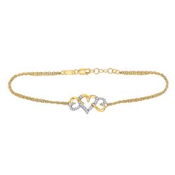 10kt Yellow Gold Round Diamond Triple Heart Chain Bracelet 1/10 Cttw