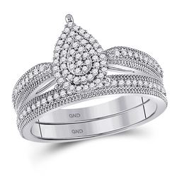 10kt White Gold Round Diamond Teardrop Bridal Wedding Engagement Ring Band Set 1/3 Cttw