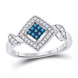 10kt White Gold Round Blue Color Enhanced Diamond Diagonal Square Cluster Ring 1/4 Cttw