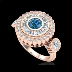 2.62 ctw Intense Blue Diamond Art Deco 3 Stone Ring 18K Rose Gold