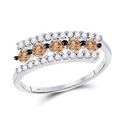 10kt White Gold Round Brown Diamond Triple Row Band 5/8 Cttw