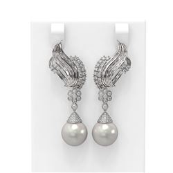 3.73 ctw Diamond and Pearl Earrings 18K White Gold
