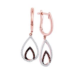 10kt Rose Gold Round Red Color Enhanced Diamond Teardrop Dangle Hoop Earrings 1/4 Cttw