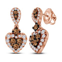 10kt Rose Gold Round Brown Diamond Heart Dangle Earrings 1.00 Cttw