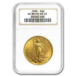 1908 $20 Saint-Gaudens Gold Double Eagle No Motto MS-63 NGC