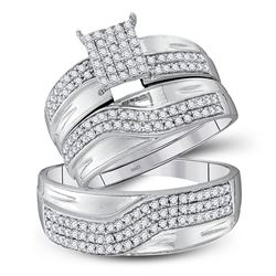10kt White Gold His & Hers Round Diamond Cluster Matching Bridal Wedding Ring Band Set 3/4 Cttw